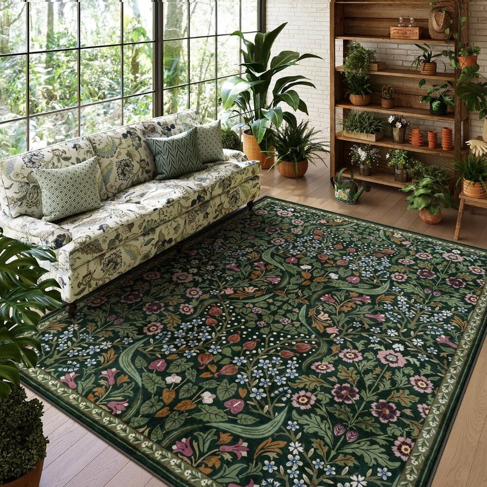 New 8x10 Green Floral Rug, Washable Non-Slip Thin Carpet for Home & Room